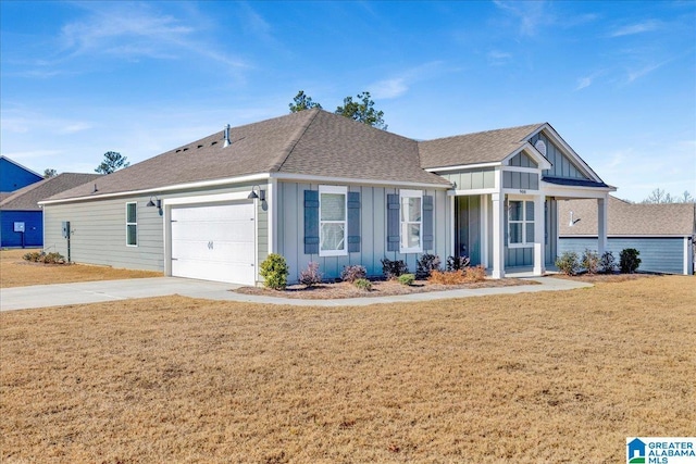 ranch-style home featuring a garage and a front yard