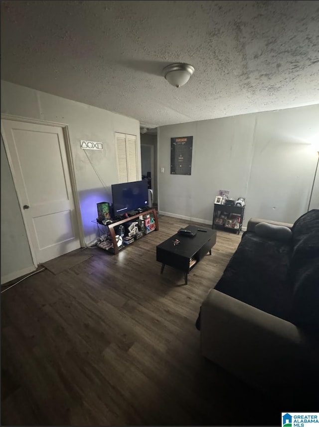 living room featuring wood-type flooring and a textured ceiling