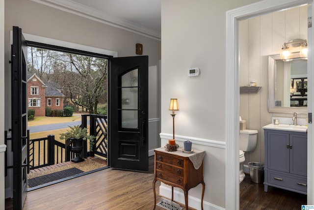 foyer entrance featuring crown molding, dark hardwood / wood-style floors, and sink