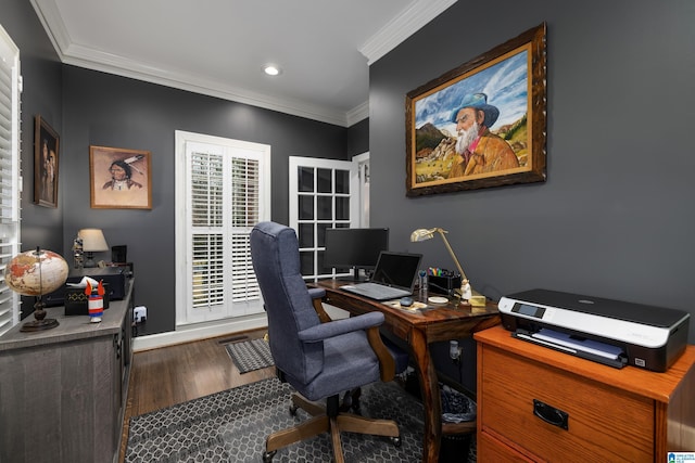 office area with crown molding and wood-type flooring