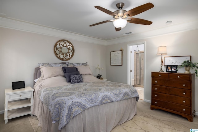 carpeted bedroom featuring ornamental molding, connected bathroom, and ceiling fan