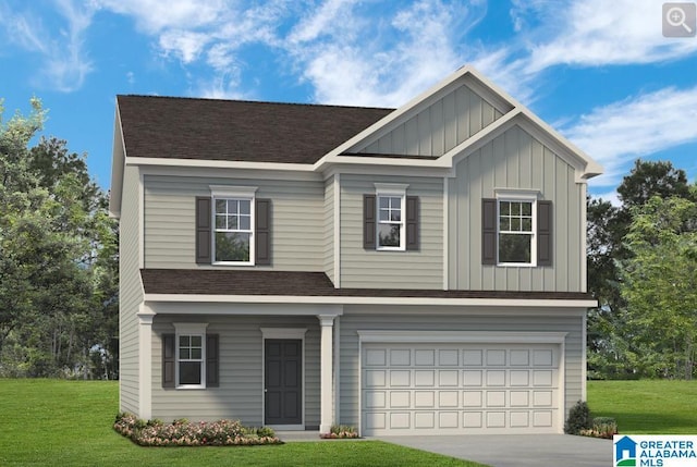 craftsman inspired home featuring a garage, driveway, roof with shingles, a front lawn, and board and batten siding