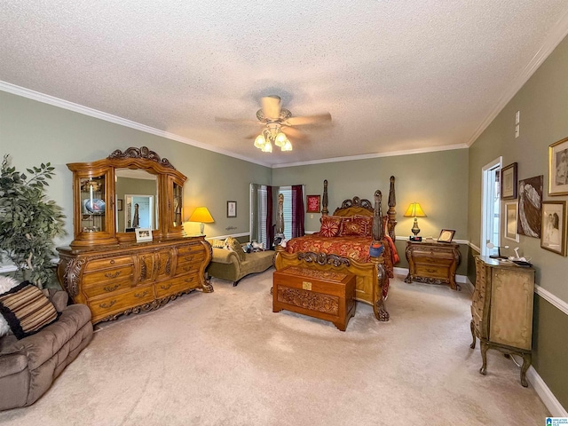 bedroom with light carpet, ceiling fan, ornamental molding, and a textured ceiling