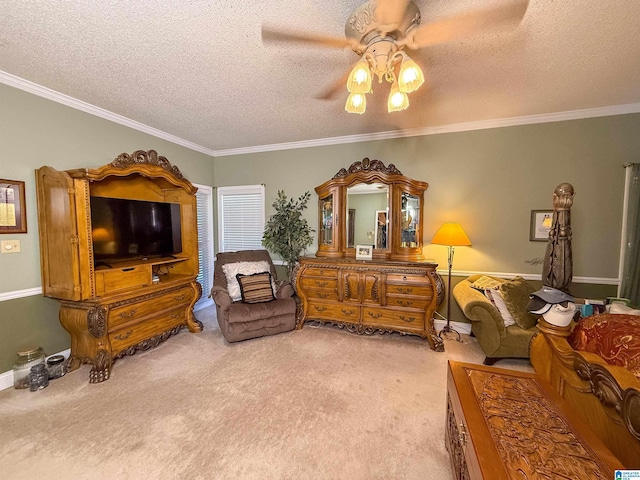 living area featuring light carpet, ceiling fan, ornamental molding, and a textured ceiling