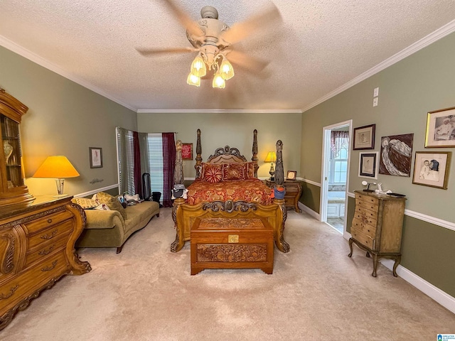 bedroom with connected bathroom, ornamental molding, ceiling fan, light carpet, and a textured ceiling