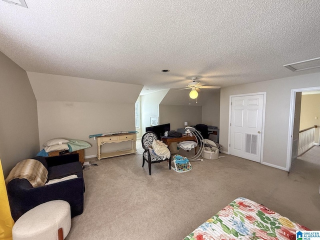 bonus room featuring vaulted ceiling, light carpet, ceiling fan, and a textured ceiling