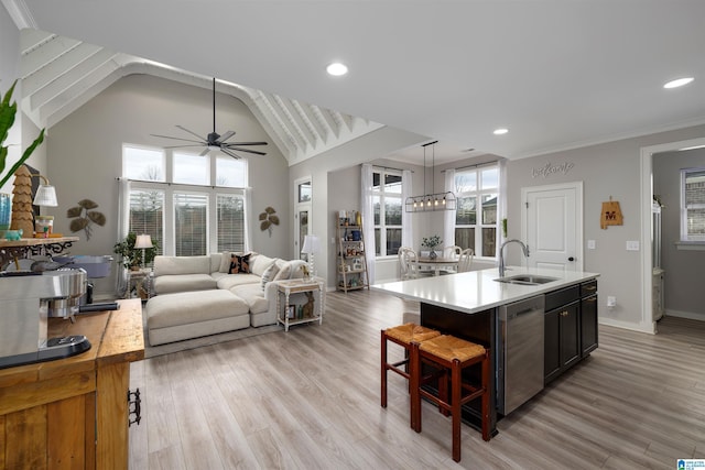 kitchen featuring sink, light hardwood / wood-style flooring, dishwasher, a wealth of natural light, and a center island with sink