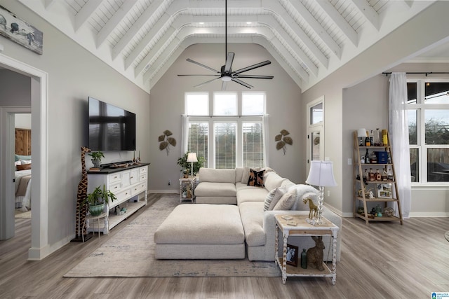 living room with ceiling fan, a healthy amount of sunlight, and light hardwood / wood-style flooring