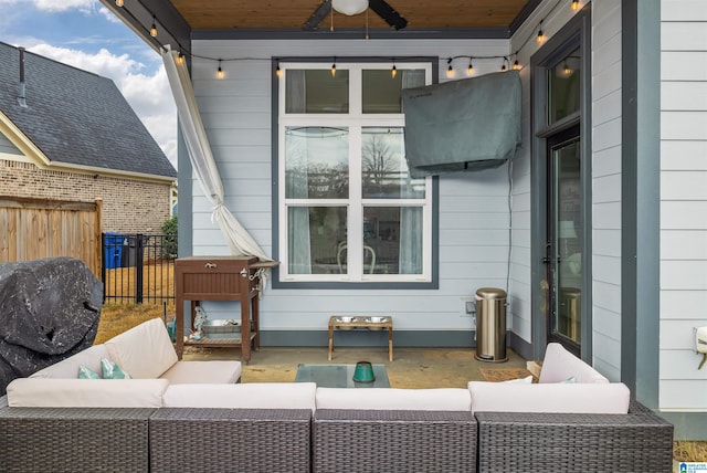 view of patio / terrace with ceiling fan and an outdoor hangout area