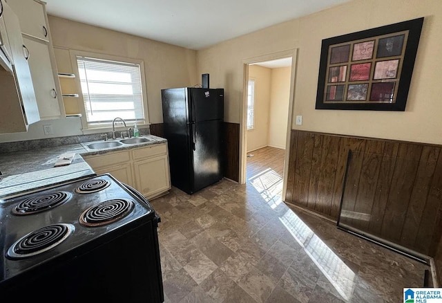 kitchen featuring sink, black appliances, and wood walls