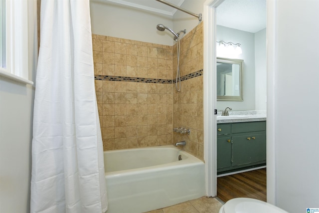 bathroom featuring vanity, tile patterned floors, and shower / bath combination with curtain