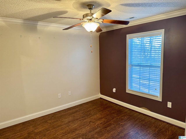spare room with crown molding, dark hardwood / wood-style floors, ceiling fan, and a textured ceiling