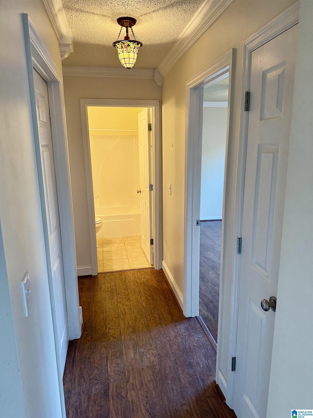 hallway featuring crown molding, a textured ceiling, and dark hardwood / wood-style flooring