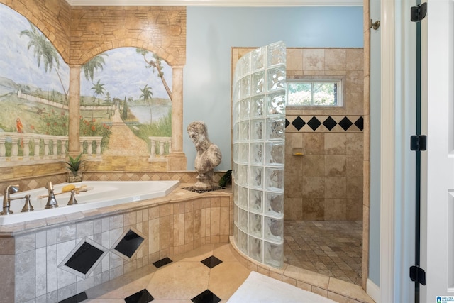 bathroom with tile patterned floors and plus walk in shower