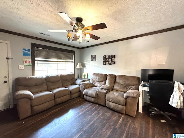 living room with crown molding, a textured ceiling, ceiling fan, and dark hardwood / wood-style flooring