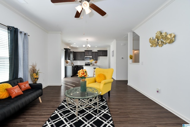 living room featuring crown molding, ceiling fan, and dark wood-type flooring