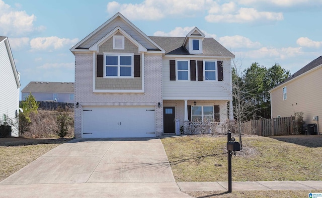 view of front facade featuring central AC, a porch, a garage, and a front lawn