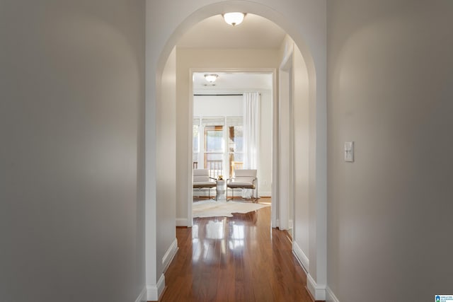 corridor with wood-type flooring