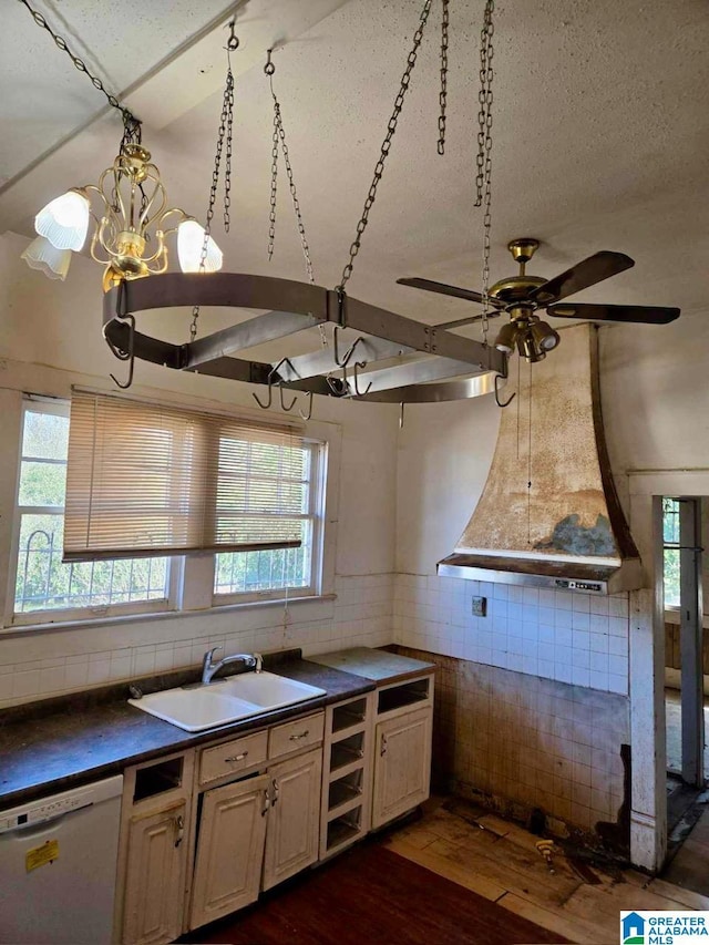 kitchen with sink, white dishwasher, tasteful backsplash, a textured ceiling, and dark hardwood / wood-style flooring