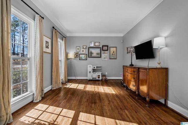 unfurnished room featuring hardwood / wood-style floors, crown molding, and a wealth of natural light