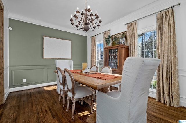 dining area with crown molding, a healthy amount of sunlight, and dark hardwood / wood-style floors