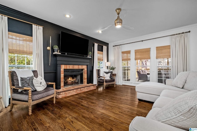 living room featuring crown molding, a fireplace, dark hardwood / wood-style floors, and a wealth of natural light