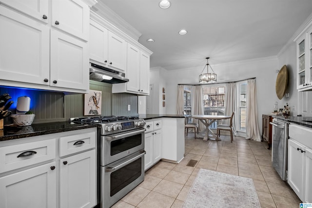 kitchen featuring stainless steel appliances, white cabinetry, light tile patterned flooring, and crown molding