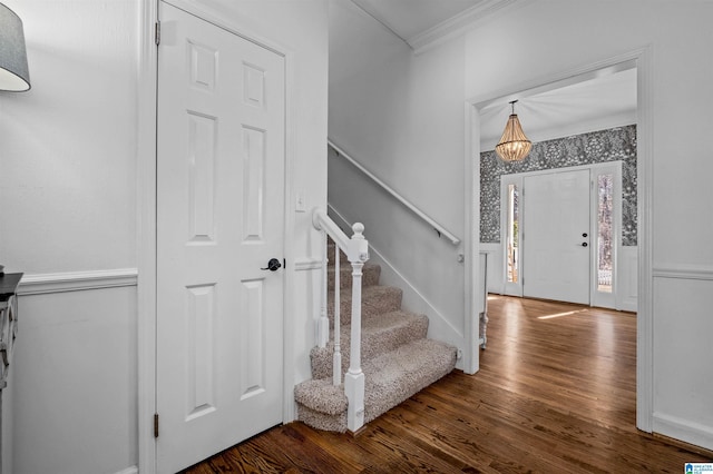 entryway with dark wood-type flooring and ornamental molding