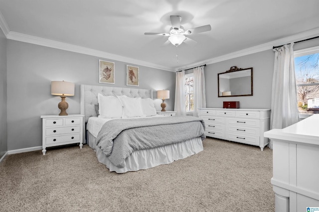 bedroom with multiple windows, ornamental molding, and light carpet