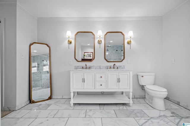 bathroom with walk in shower, ornamental molding, vanity, and toilet