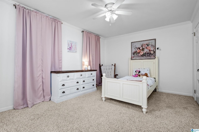 bedroom with crown molding, light carpet, and ceiling fan