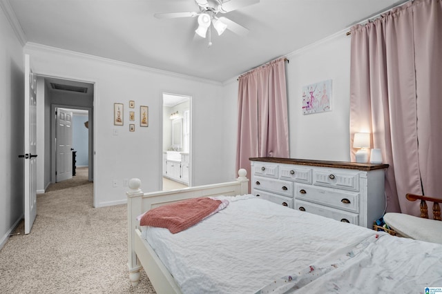 bedroom featuring crown molding, light carpet, and ceiling fan