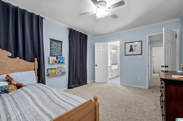 carpeted bedroom with crown molding, ceiling fan, and ensuite bathroom