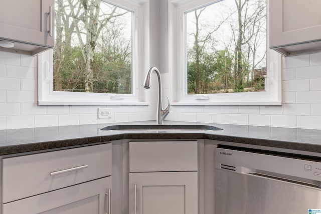 kitchen featuring sink, dishwasher, backsplash, white cabinets, and dark stone counters