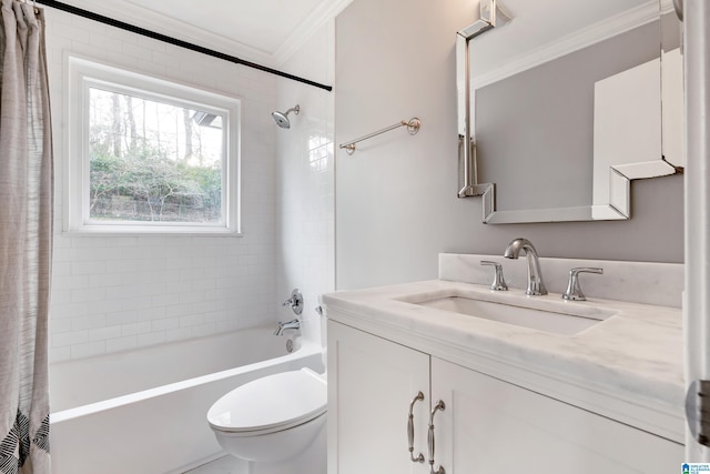 full bathroom with ornamental molding, shower / bath combo, vanity, and toilet