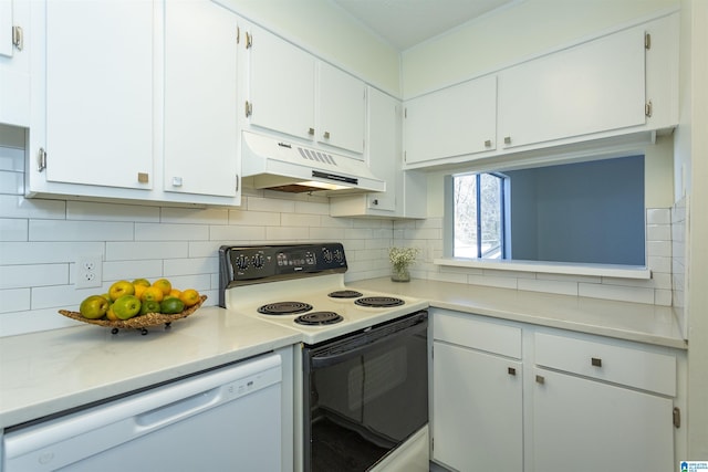 kitchen featuring white cabinetry, decorative backsplash, white dishwasher, and electric range oven