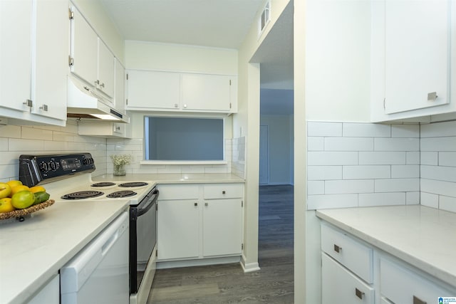 kitchen with white cabinetry, dark hardwood / wood-style flooring, dishwasher, and electric stove