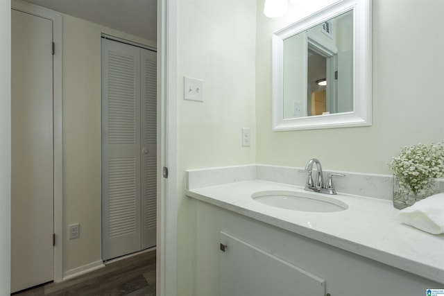 bathroom with vanity and wood-type flooring