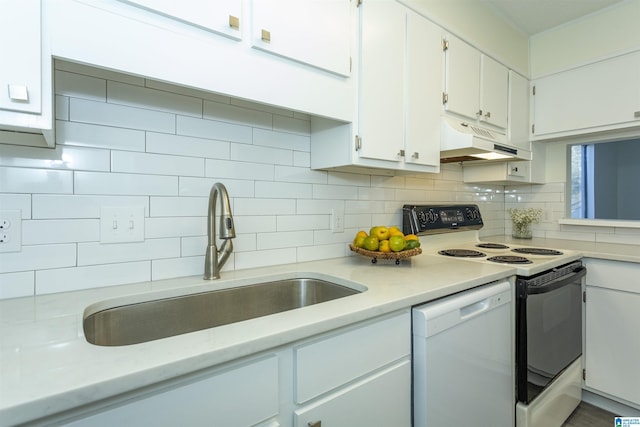 kitchen featuring sink, white cabinetry, tasteful backsplash, electric range oven, and dishwasher