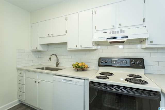 kitchen featuring electric stove, sink, dishwasher, tasteful backsplash, and white cabinets