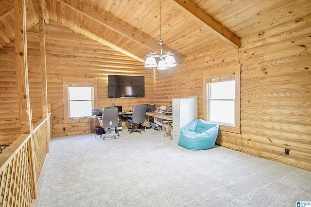 unfurnished office featuring wood walls, beam ceiling, carpet floors, and wooden ceiling