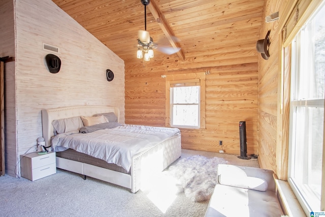 bedroom featuring wood ceiling, lofted ceiling, carpet floors, and wood walls