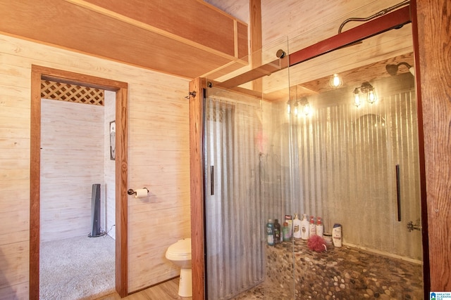 bathroom with wooden walls and toilet