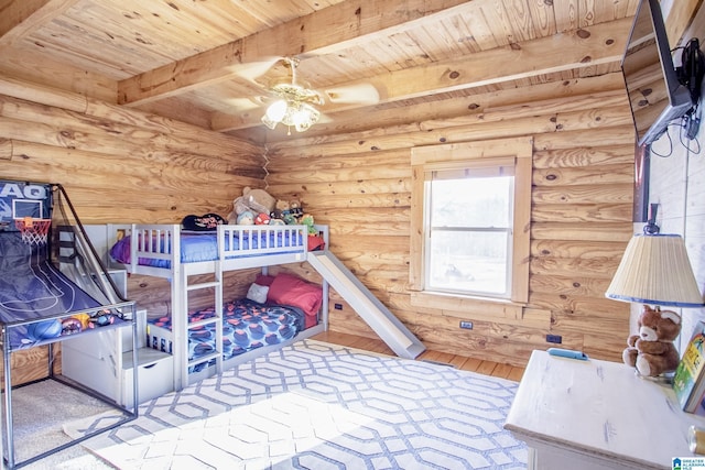 unfurnished bedroom featuring beam ceiling, hardwood / wood-style floors, wood ceiling, and rustic walls