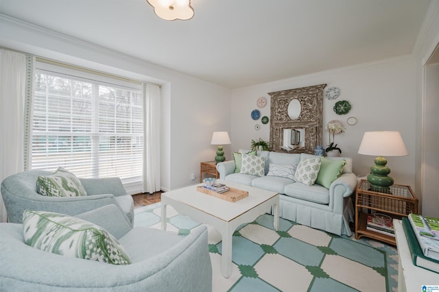 living room featuring crown molding and hardwood / wood-style flooring