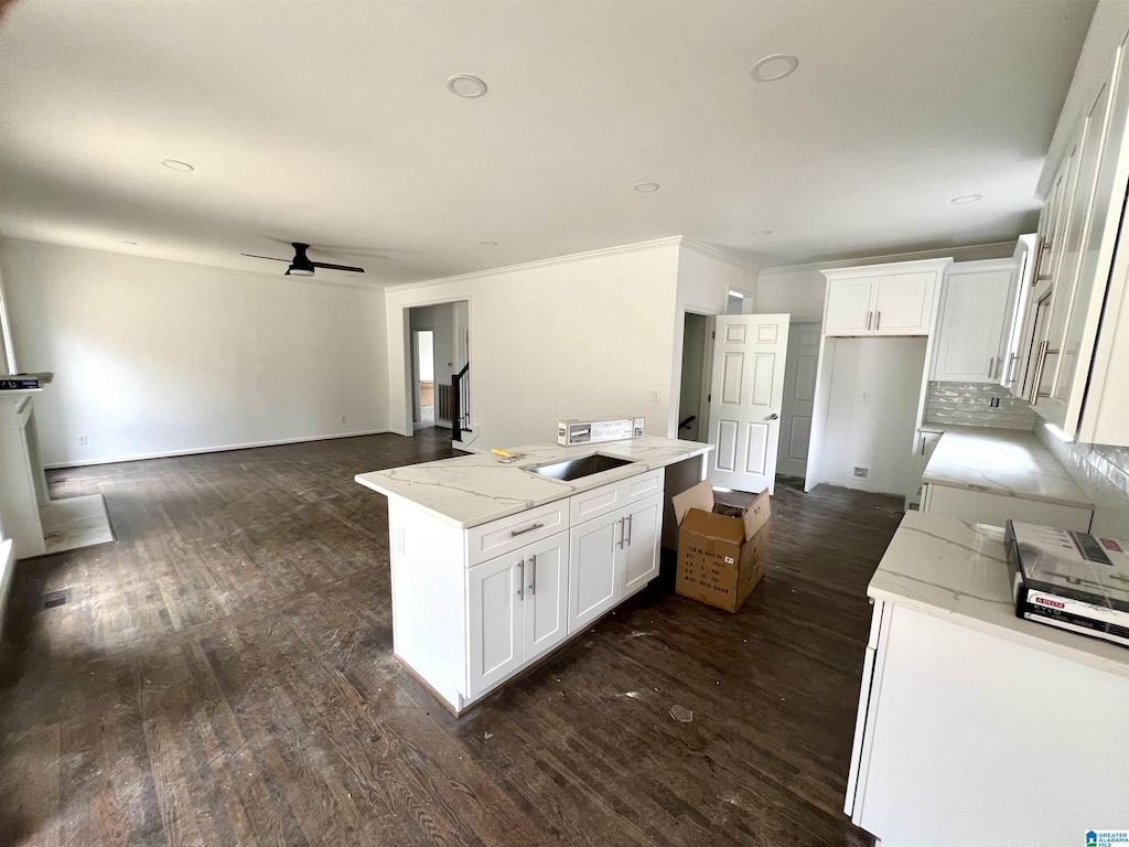 kitchen featuring dark wood-type flooring, sink, light stone counters, white cabinetry, and an island with sink