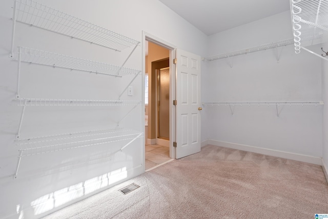 walk in closet featuring light carpet