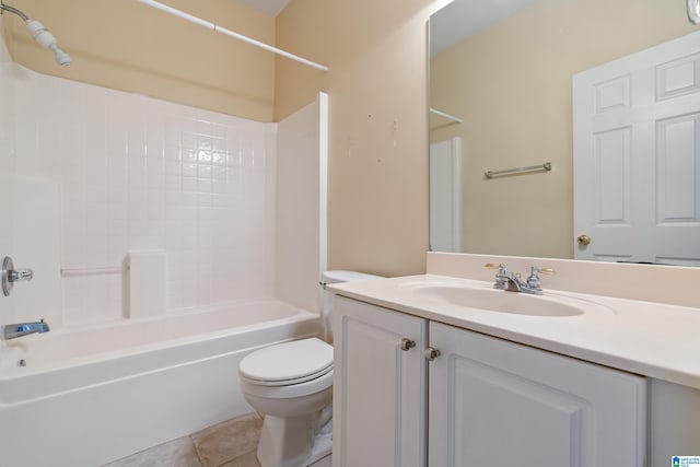 full bathroom with vanity, tub / shower combination, tile patterned floors, and toilet