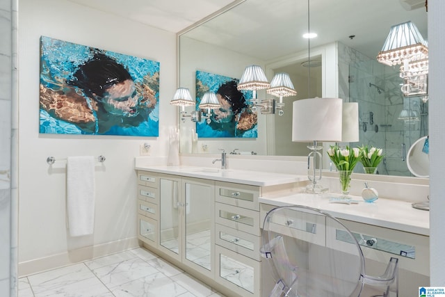 bathroom featuring vanity and walk in shower