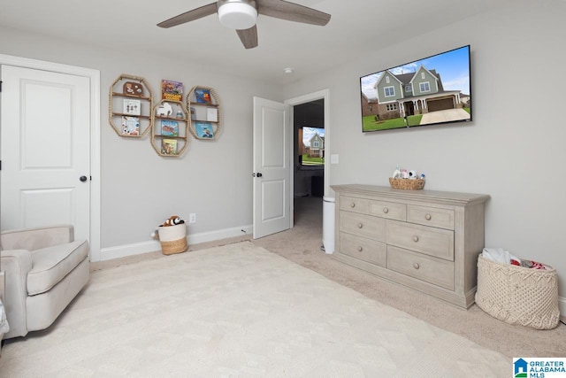 carpeted bedroom featuring ceiling fan